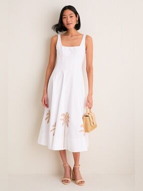 NEW STAUD Wells Palm-Embroidered Poplin Midi Dress Size 4